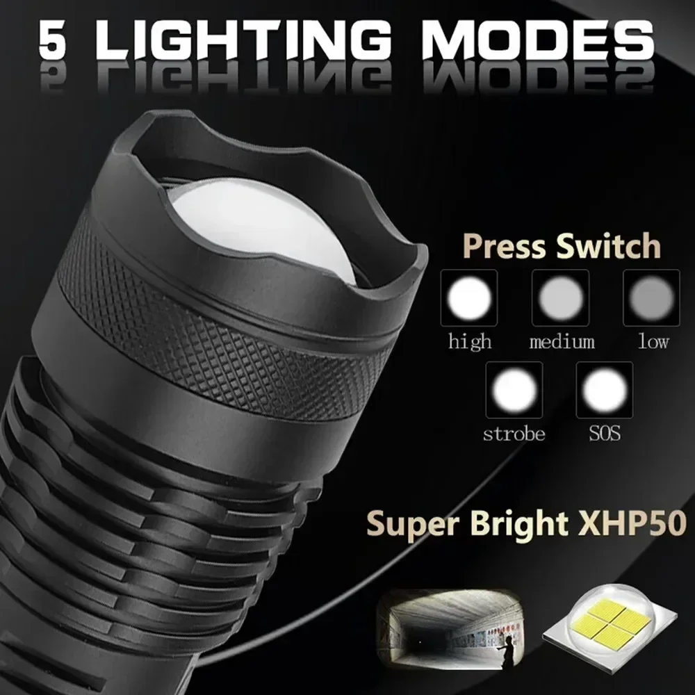 USB wiederaufladbare, superhelle LED-Taschenlampe, XHP70.2, taktische Zoomlampe mit 18650- oder 26650-Akku für Camping – Detail 13