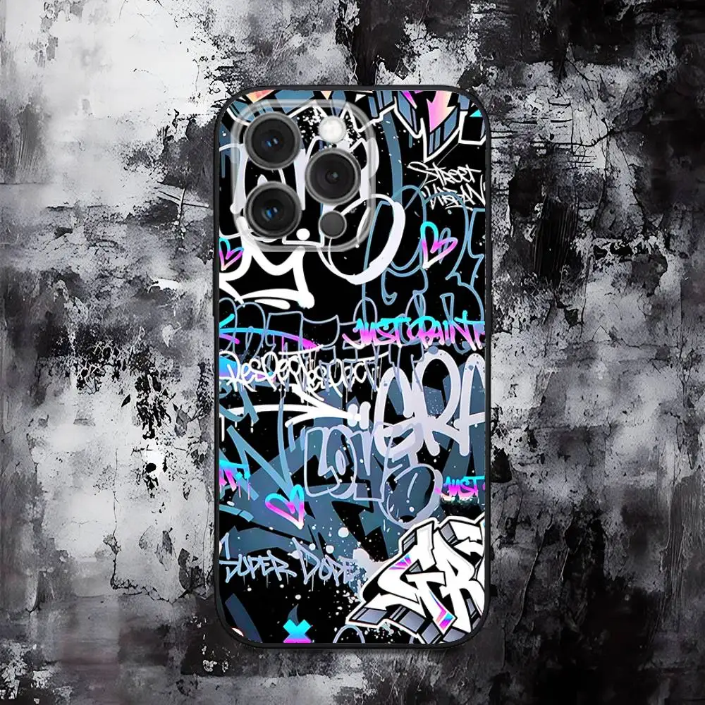 Cool Kleurrijke Graffiti Telefoonhoesje Voor iPhone 16,15,14,13,12,11,Pro,Max,Plus,X,XS,SE,E,Mini,Zachte Siliconen Zwart Case