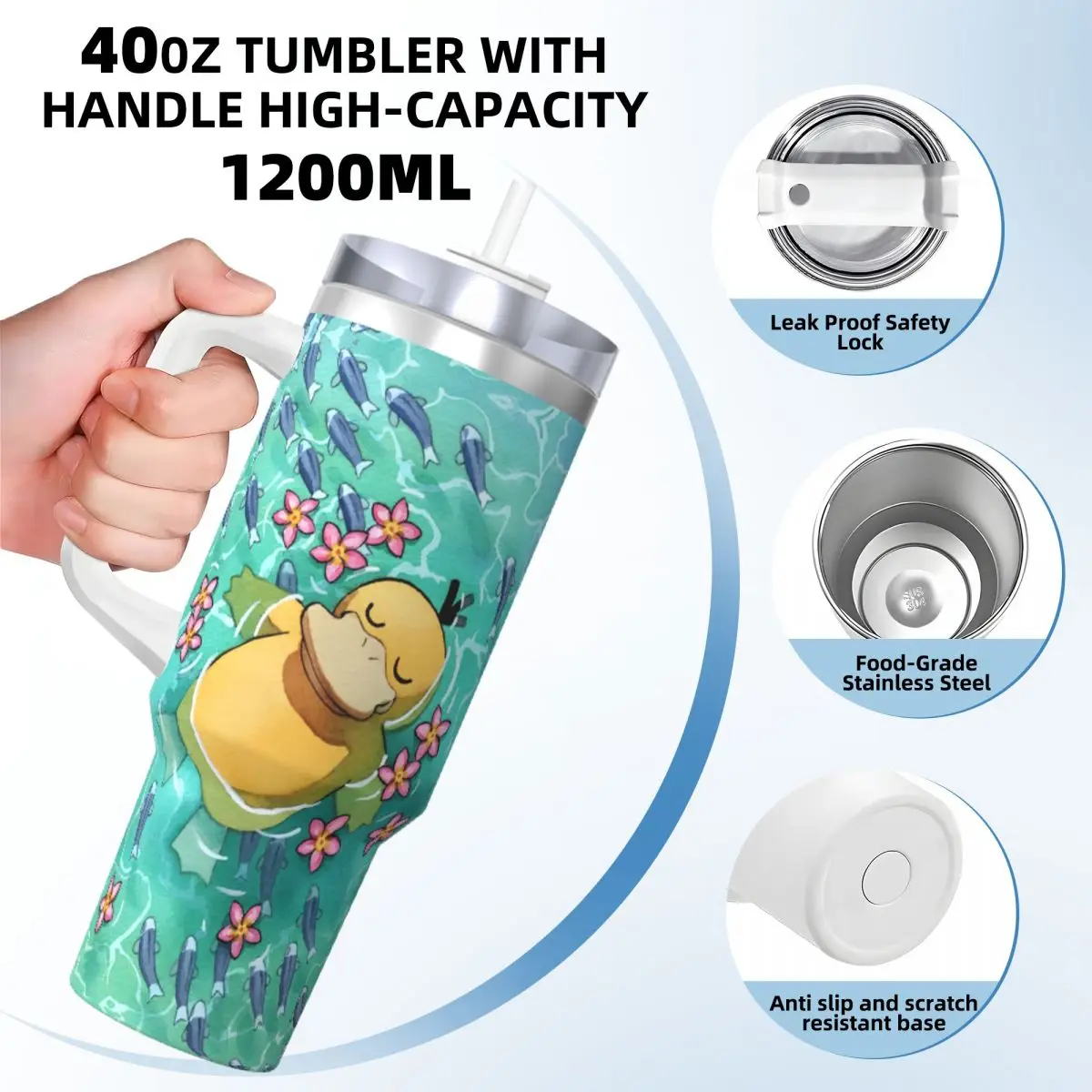 Pokemon Psyduck Printed Stainless Steel Tumbler Game Travelist Car Mugs 40oz Thermal Cups Leakproof Cold Hot Milk Water Bottle