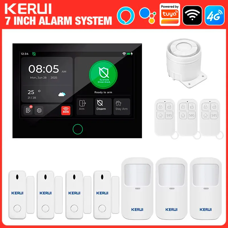 KERUI 7-inch groot touchscreen huisinbraakalarm WiFi + 4G alarmsysteem werkt met Tuya Smart FSK/ASK beveiligingsbescherming 433MHZ PIR-sensor