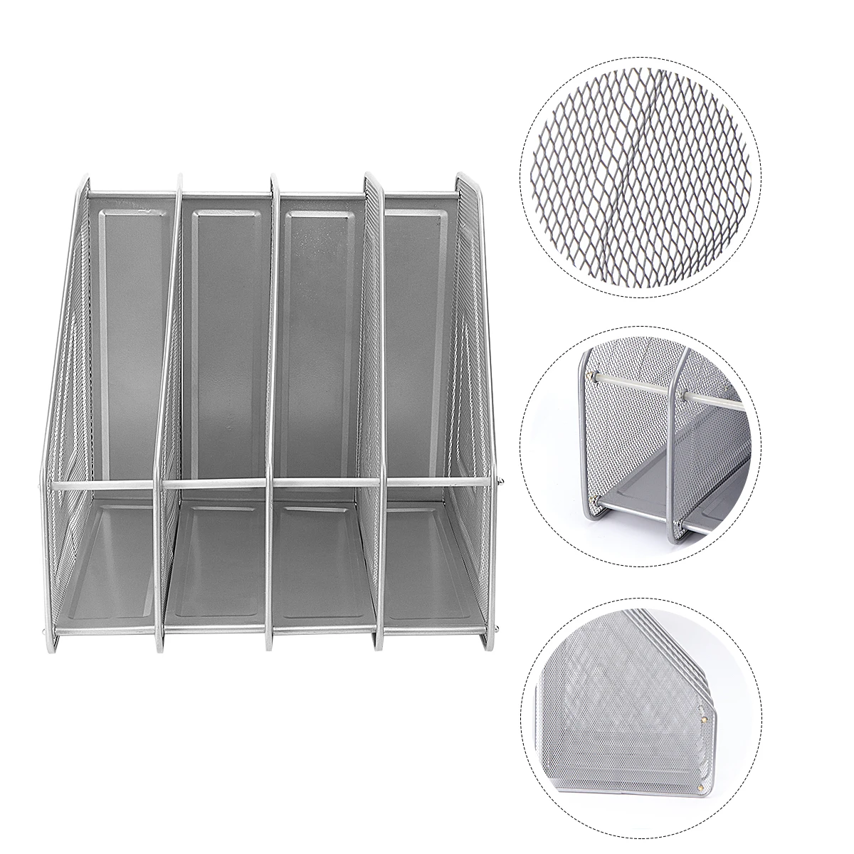 

4 Slot Mesh Metal Desktop Document Organizer Rack Silver 4 Compartment File Holder Stand For Magazines Notebooks Folders Storage