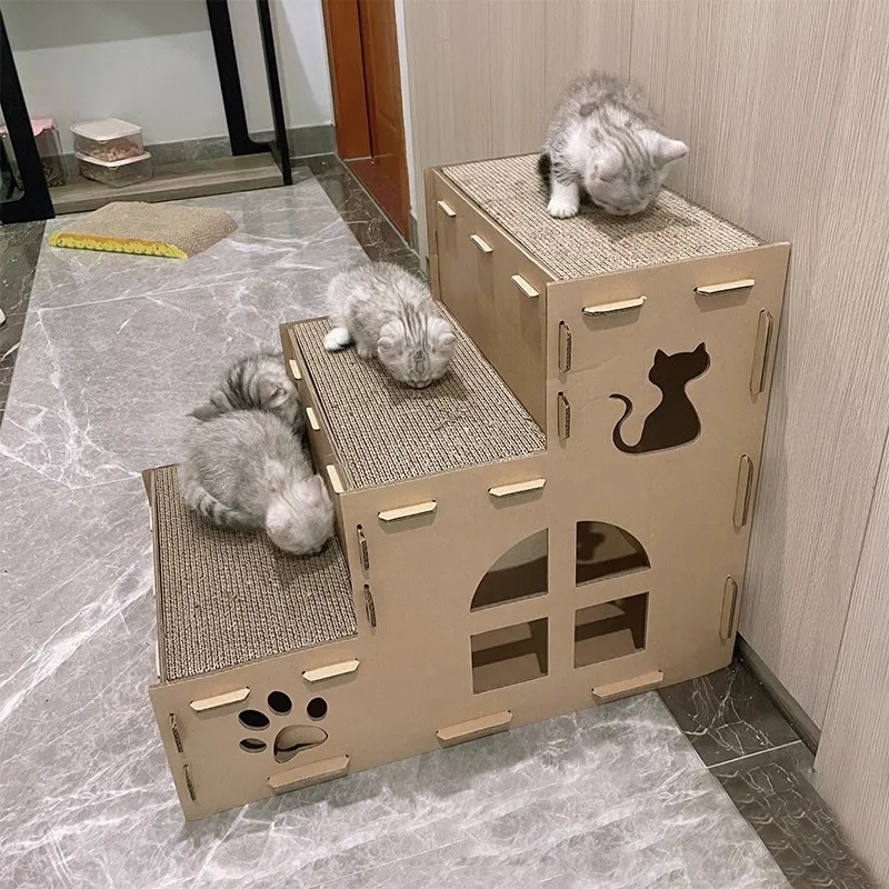 猫用爪とぎボード、猫砂一体型、爪とぎハウス、別荘型、段ボール製、特大サイズ