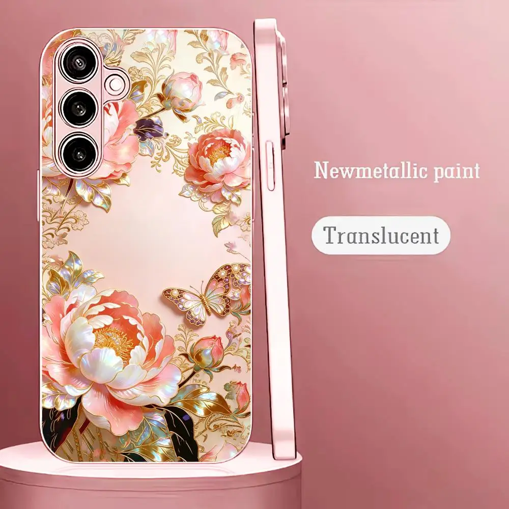 Peony Butterfly Floral Fashion trend Glass TPU phone case for Samsung Galaxy S26 S25 S24 S23 S22 S21 FE,Ultra,Plus Dropresistant