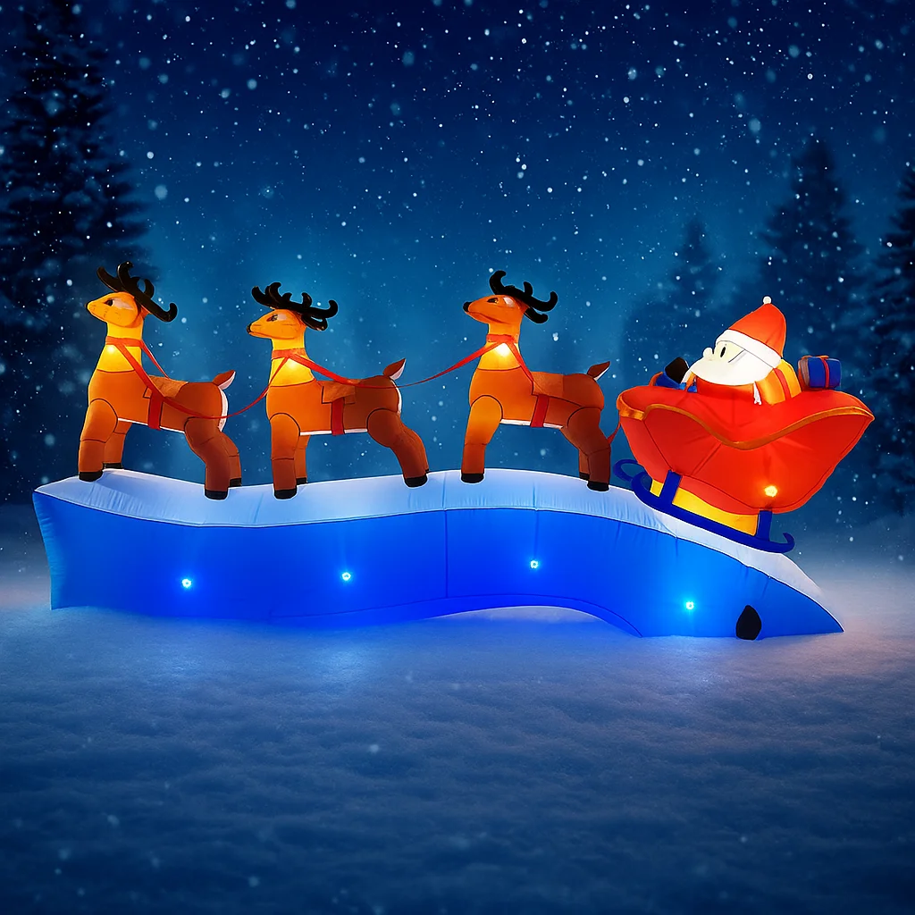 Jouet gonflable de 11.81 pieds, traîneau du père noël, renne, décoration de cour de noël, décoration de vacances éclairée par LED pour cour familiale