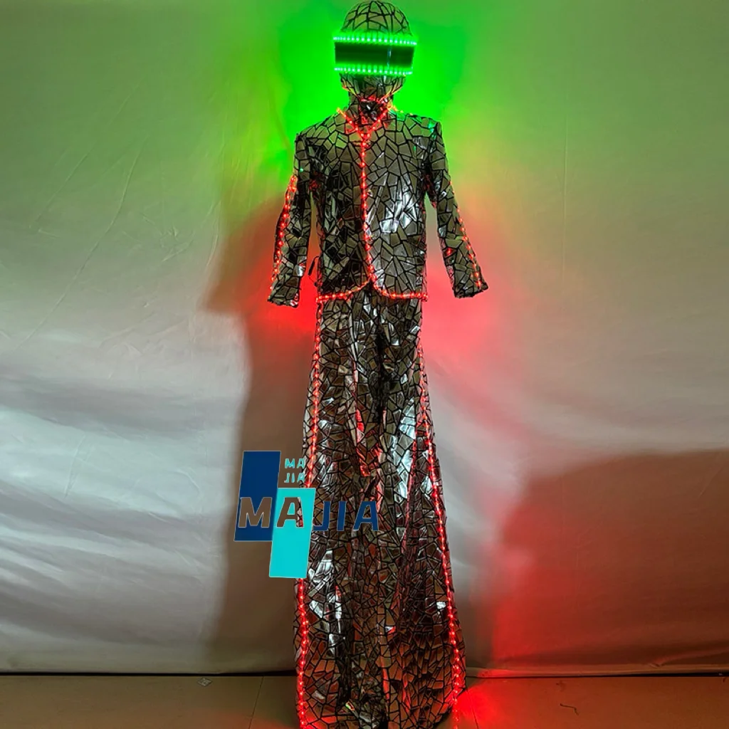 Silvery LED Stilts Walker Robot Costume Shiny Mirror Sequin Fabric Suits for Stage Performance Show Entertainment Cosplay