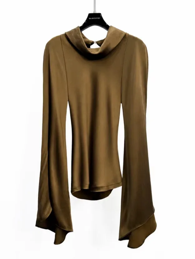 High Street T-shirt Women's Pile Neck Top Slim Waist Cinched Casual Loose Long Sleeved Wide Sleeved Flared Sleeve Tshirt Top