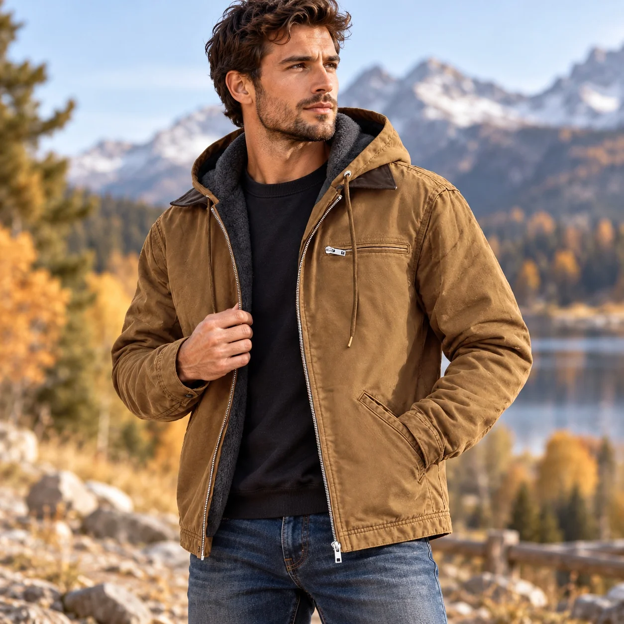 Hooded Pocket Coat Loose Fit with Printed Detail Autumn No Iron Finish Zipper Closure Hooded Jacket Men Jacket Winter Daily