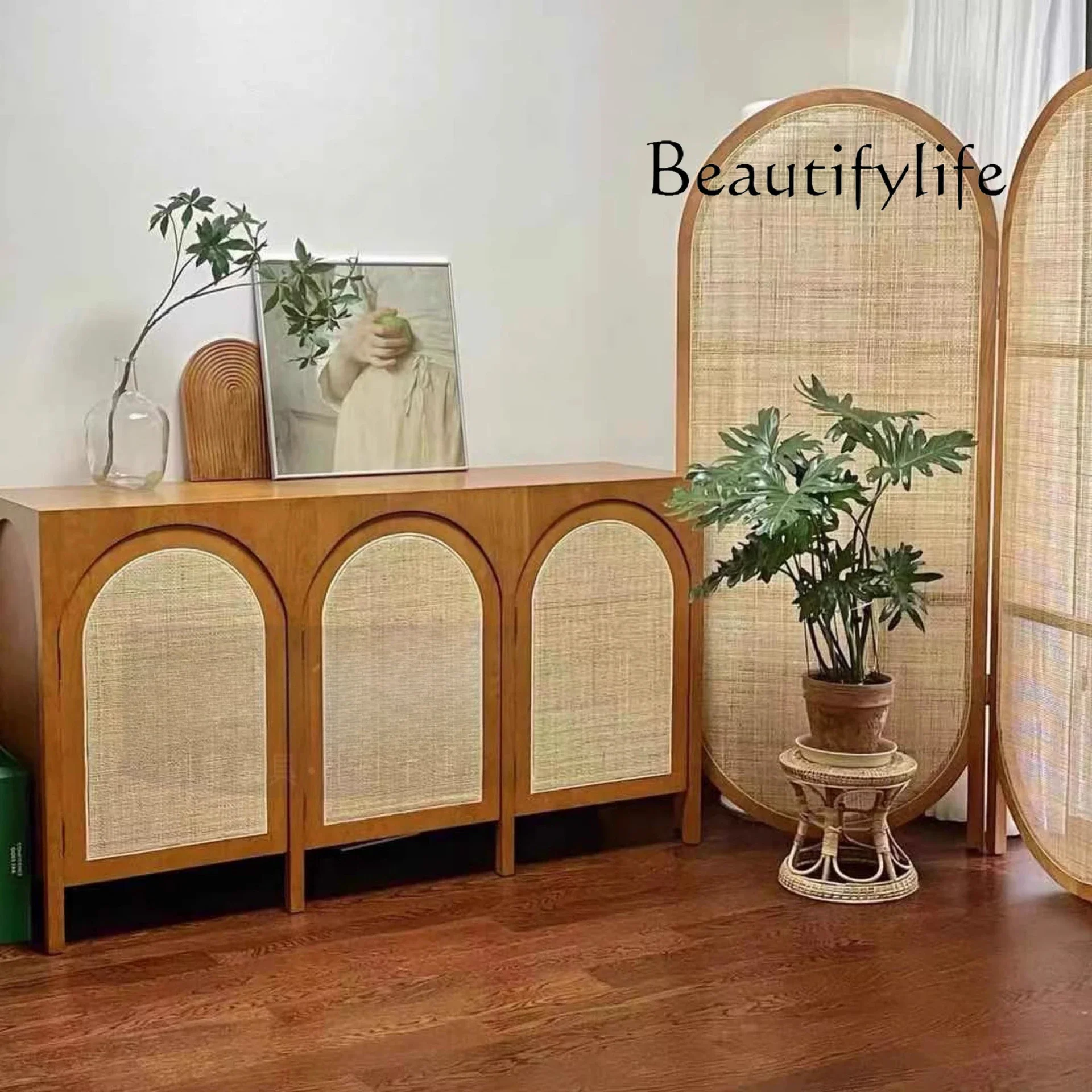 

French side cabinet medieval arch storage modern simple living room storage TV cabinet solid wood porch chest cabinet