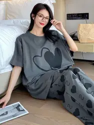 Conjunto de pijamas de talla grande 6XL y 150kg para mujer, ropa de dormir de 2 uds para verano y otoño, traje femenino con estampado de corazón, Tops y pantalones de manga corta