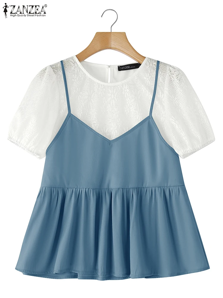 

ZANZEA Fashion Lace Women T-Shirts Fake two-piece Short Sleeve Tops Tee Summer Blusas Streetwear Patchwork Oversize Tunic Tops