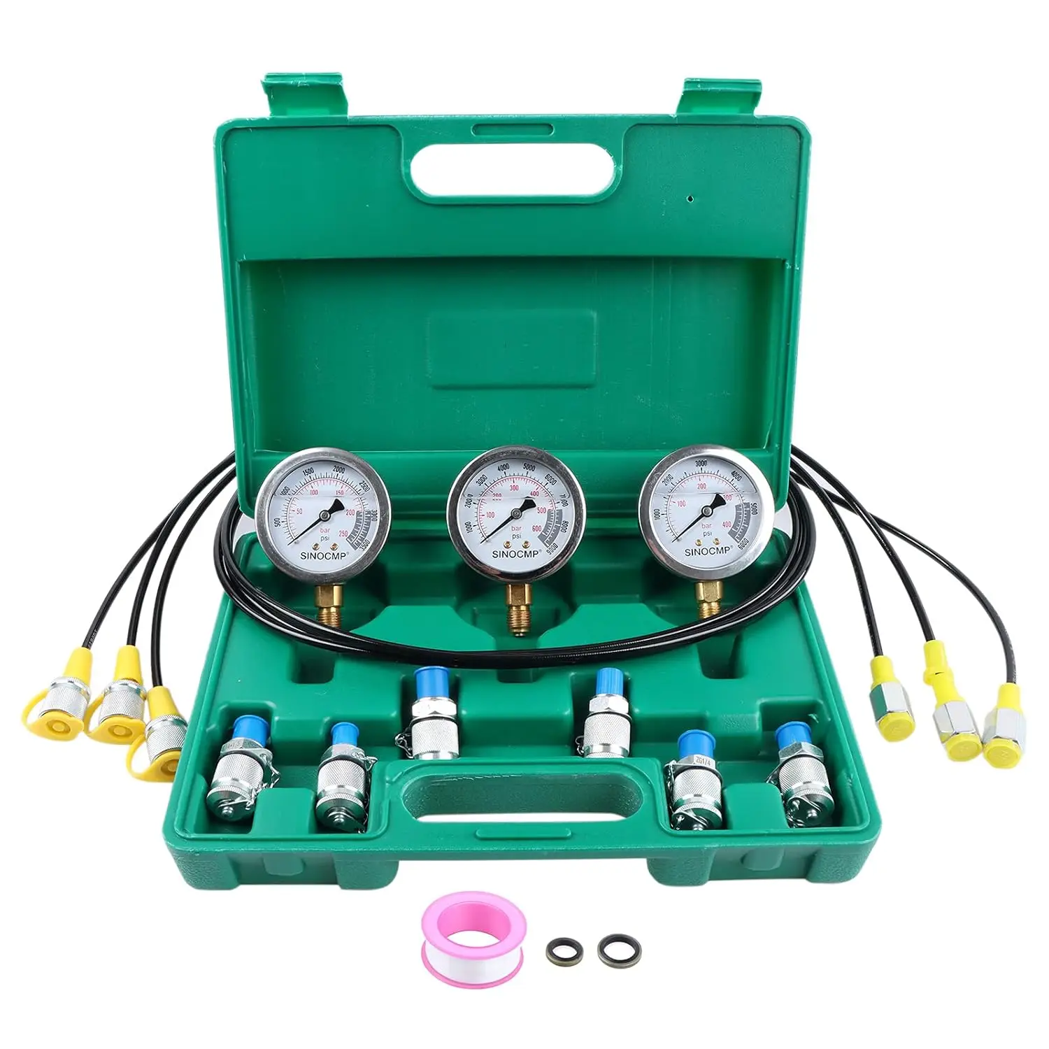 Hydraulic Pressure Gauge Kit, 25/40/60 MPa 3 Pressure Gauge 6 Test Coupling 3 Test Hose 1 Storage Case, Hydraulic Pressure Test