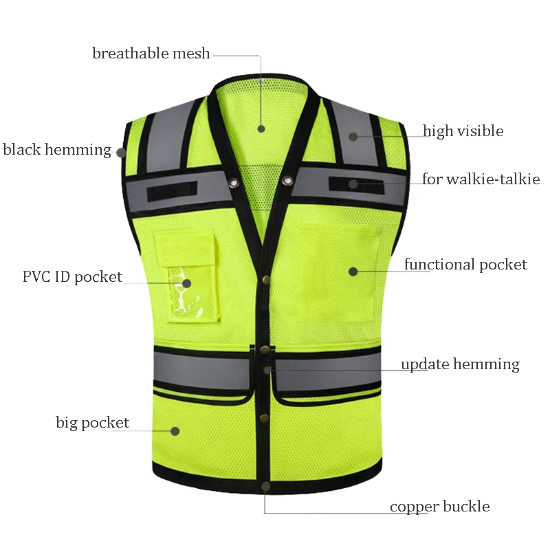 High Visibility Safety Vest Multi Pockets Reflective Mesh Breathable Workwear ANSI/ISEA Standards