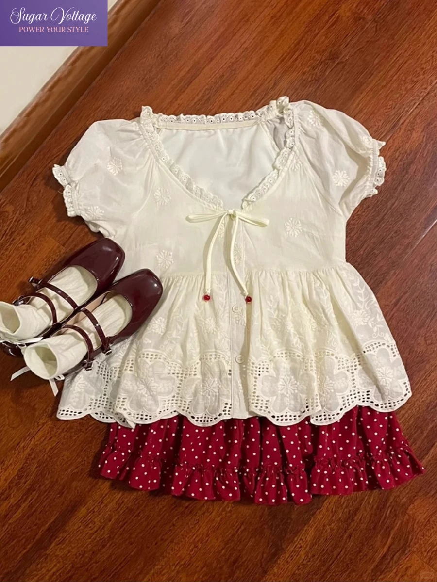 

Summer Retro Oversize Sweet Puff Sleeve 2-piece Set Women's French Lace Bow Ruffle Slim Shirt + Red Polo Dot Short Pleated Skirt
