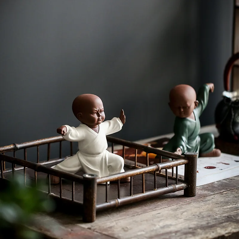 Kungfu Tai Chi Monks Figurines Purple Clay Pottery Buddha Statue Sculpture Fairy Garden Desk Zen Ornament Home Docor Decoration