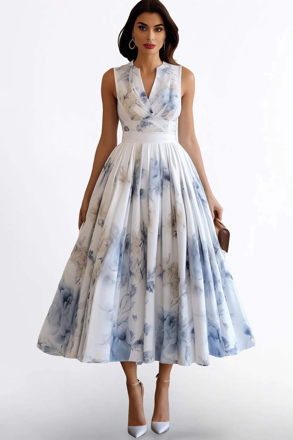 

Women's Wedding Guest Dress Blue Chiffon Floral Print V Neck Sleeveless Midi Dress
