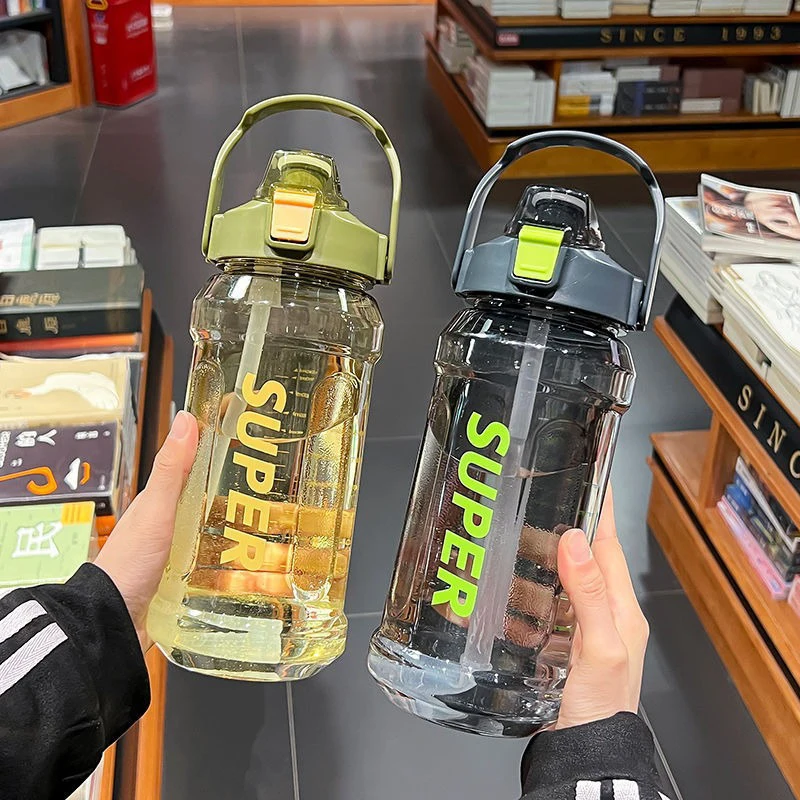 2000ml Large-capacity Sports Straw Cup Leakproof Plastic Sports  Water Bottle with Handle Graduated Impact-resistant Bottles