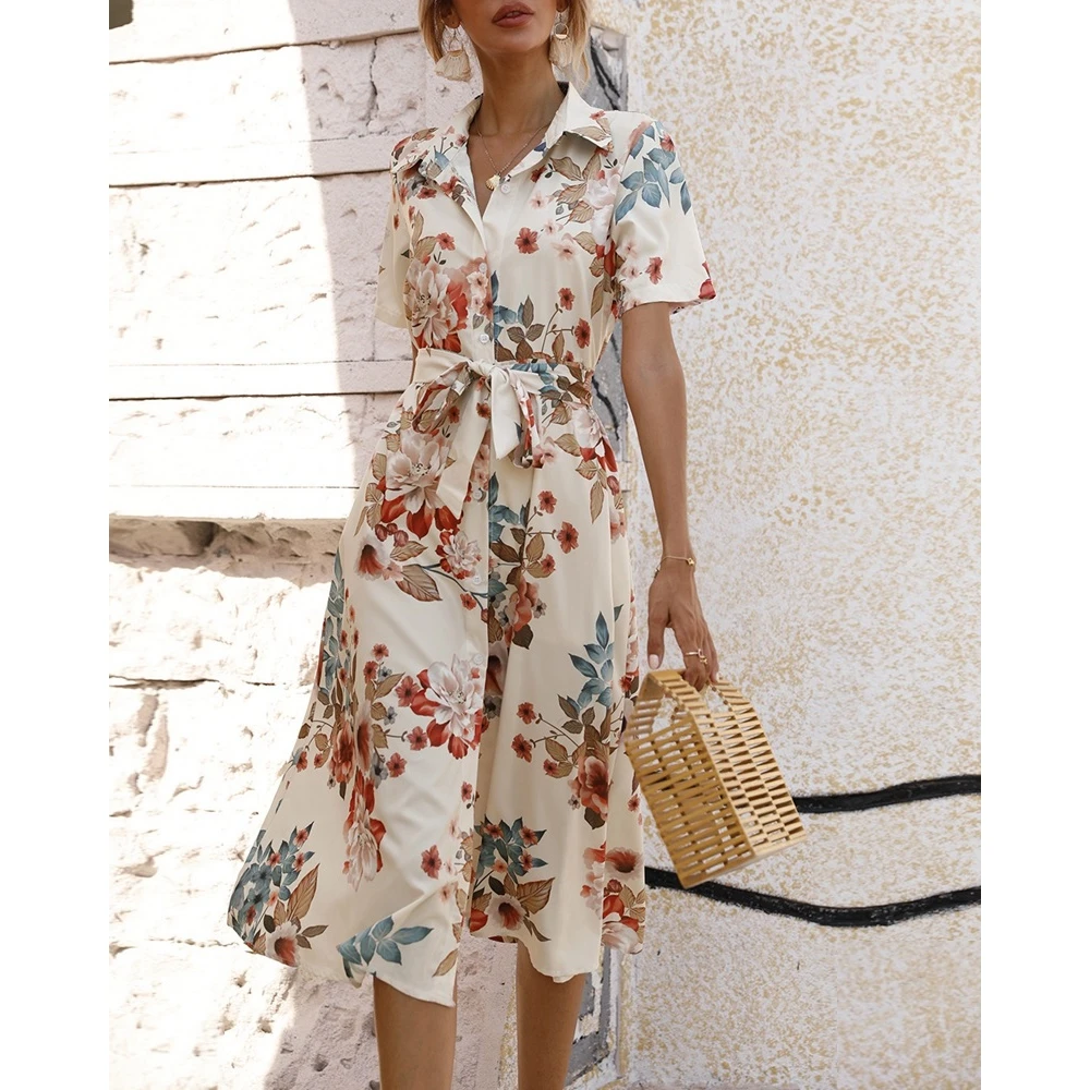 

Casual Floral Print Buttoned Turn-down Collar Shirt Dress Summer Women Short Sleeve Midi Belted Dresses Vacation Elegant Outfits