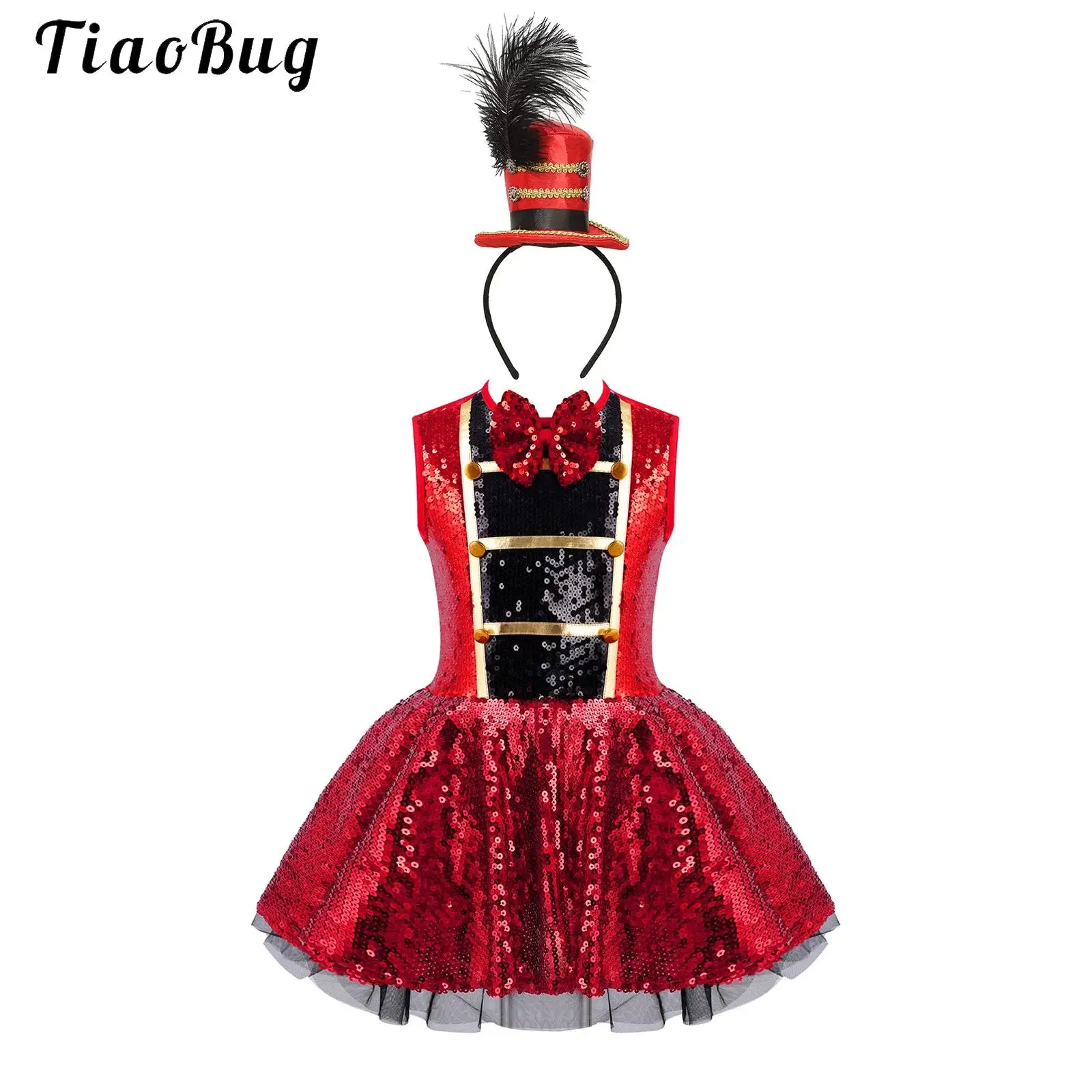 

Kids Girls Circus Ringmaster Costume Shiny Sequins Leotard Tutu Dress Feather Min Top Hat Halloween Drum Marching Cosplay Outfit