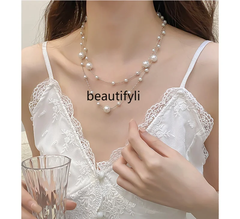 

Stacked with Beautiful Shaped Pearl Item Spring and Summer Graceful and Fashionable Long Layered Retro Necklace