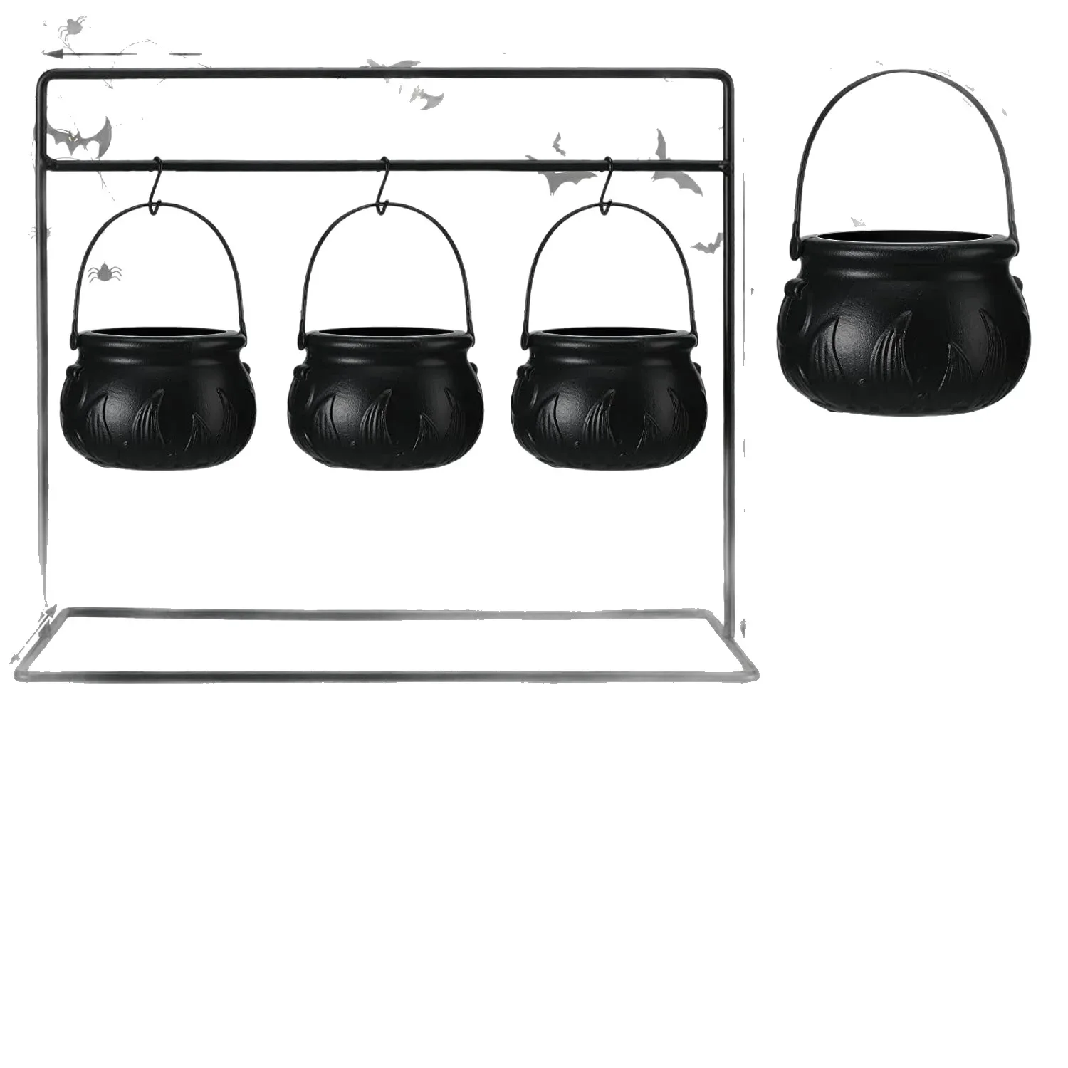 Halloween Witch Cauldron Candy Pot Set with Metal Stand Black Plastic Bowl Party Tabletop Decoration