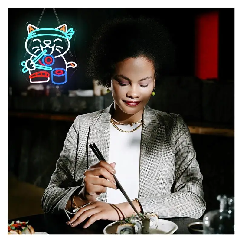 Sushi Cat Neon Sign Light Creative Art Room Decoration For Bedroom Bar Club Party Business Japanese Food Shop 35cmx32cm