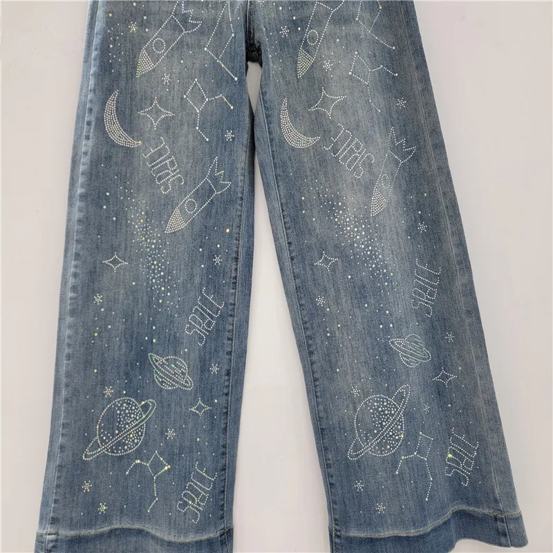 2025 خريف جديد الثقيلة حجر الراين مستقيم واسعة الساق تمتد الجينز الأزرق الإناث فضفاضة عادية الدينيم السراويل النساء قيعان الموضة