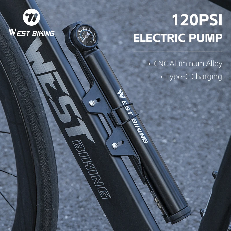 WEST BIKING Portable Electric Pump 120PSI Bicycle Pump With Gauge Type-C Charging For Schrader/Presta Valve Motorcycle Bike Pump