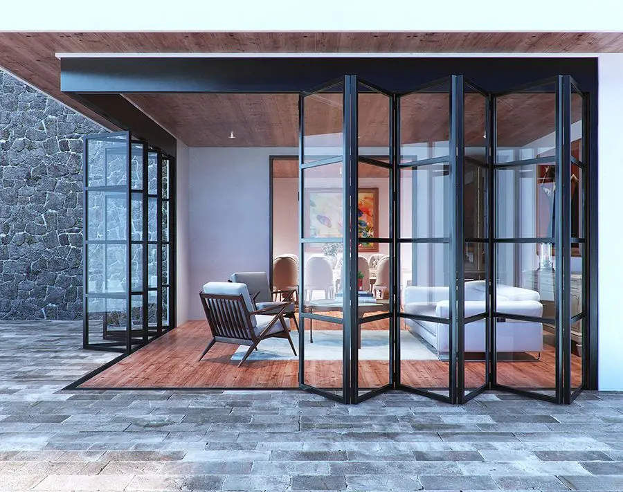 

L Shaped Panoramic Double Fold Aluminum Glass Door Multi Panel Design for Space Saving Fold Up Doors Modern Minimalism Fold Door