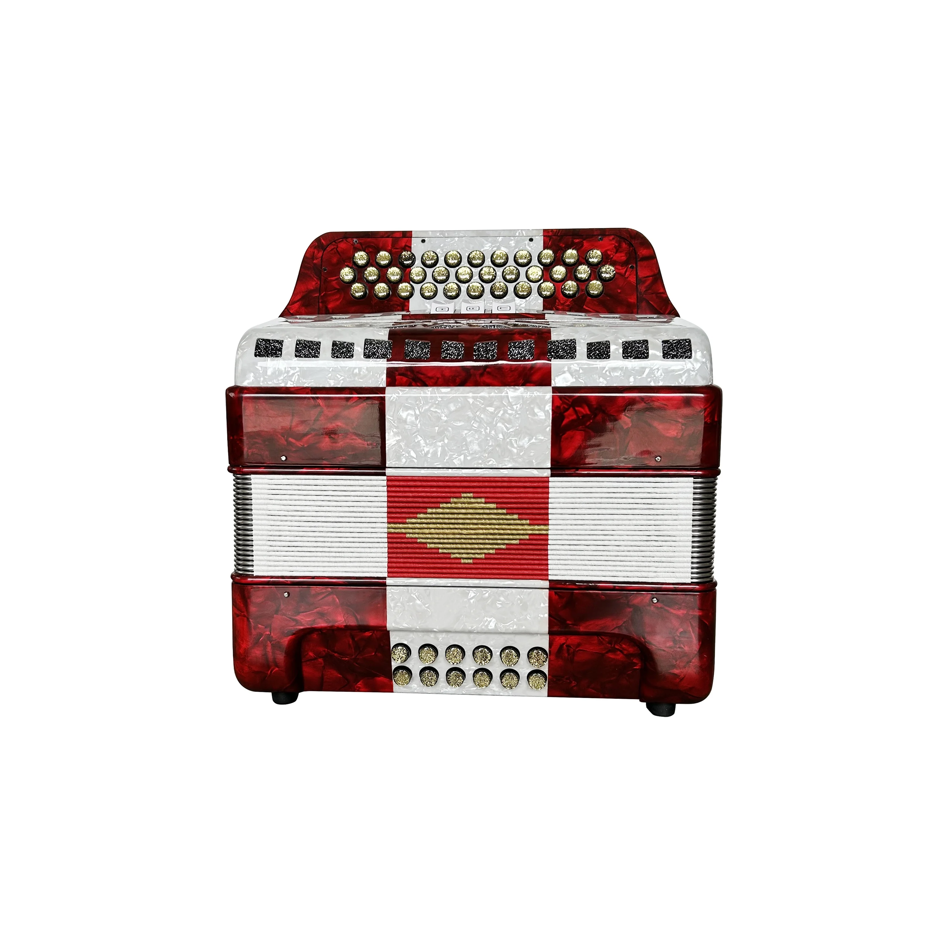 

Diatonic Accordion Acordeon Musical JB3412C 34-Button 12-Bass 3-Register Red White Celluloid with Gold Grill Buttons