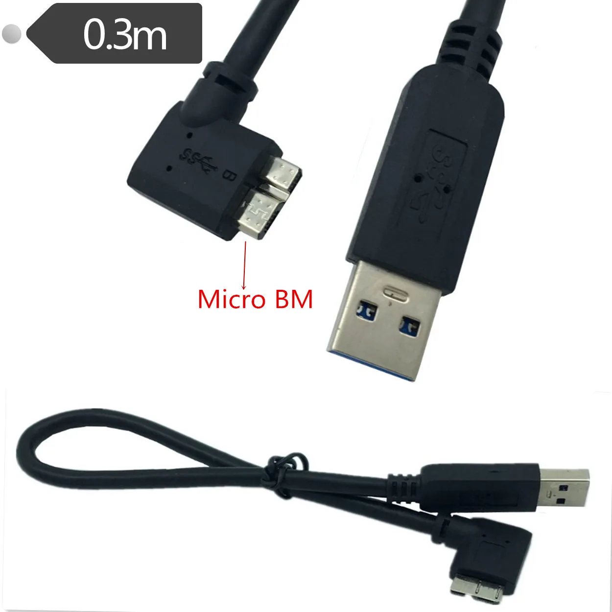 

USB 3.0 AM to Micro BM 90 degree bend, right side bend, portable hard drive, digital camera cable, data cable