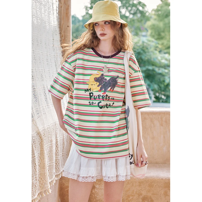 ELFSACK Cute Cartoon Dog Print Striped T-Shirt, Contrast Collar Oversized Graphic Tee, Casual Retro Loose Top for Women