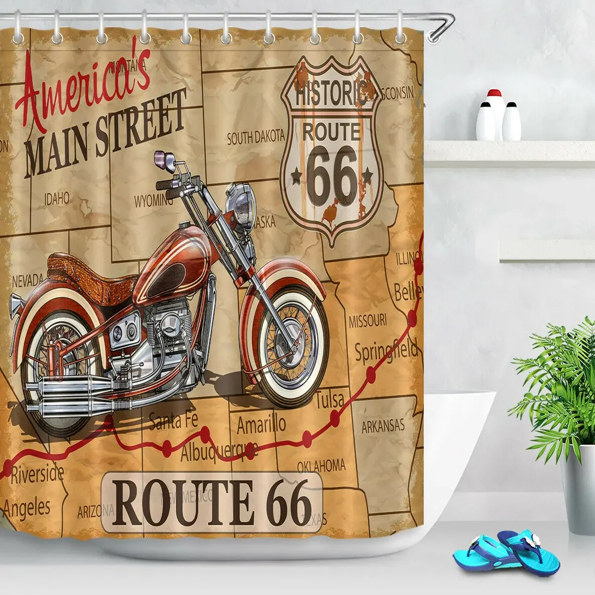 Waterproof Shower Curtain Set Vintage Route 66 Poster Bathroom Decor