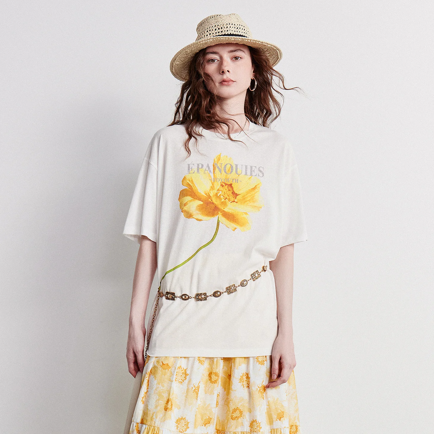 TOYOUTH x Houhou Women's Linen T-Shirt 2026 Summer New Oil Paint Flower Print Drop Shoulder Loose Tee