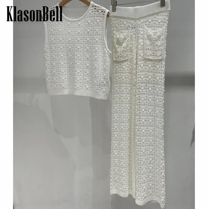 2.26 KlasonBell 2025 Spring Summer Women Crochet Hollow Silk Knit Set Simple O-Neck Tank Top + Two Pocket Elastic Waist Pants