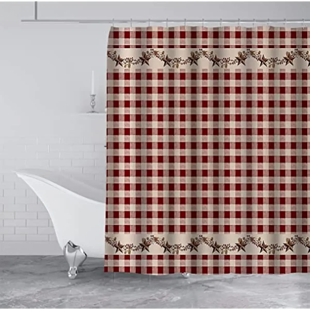 Brown Texas Star Western Shower Curtains Primitive Star Red and Beige Buffalo Plaid Rustic Country Farmhouse Bathroom Decor Set