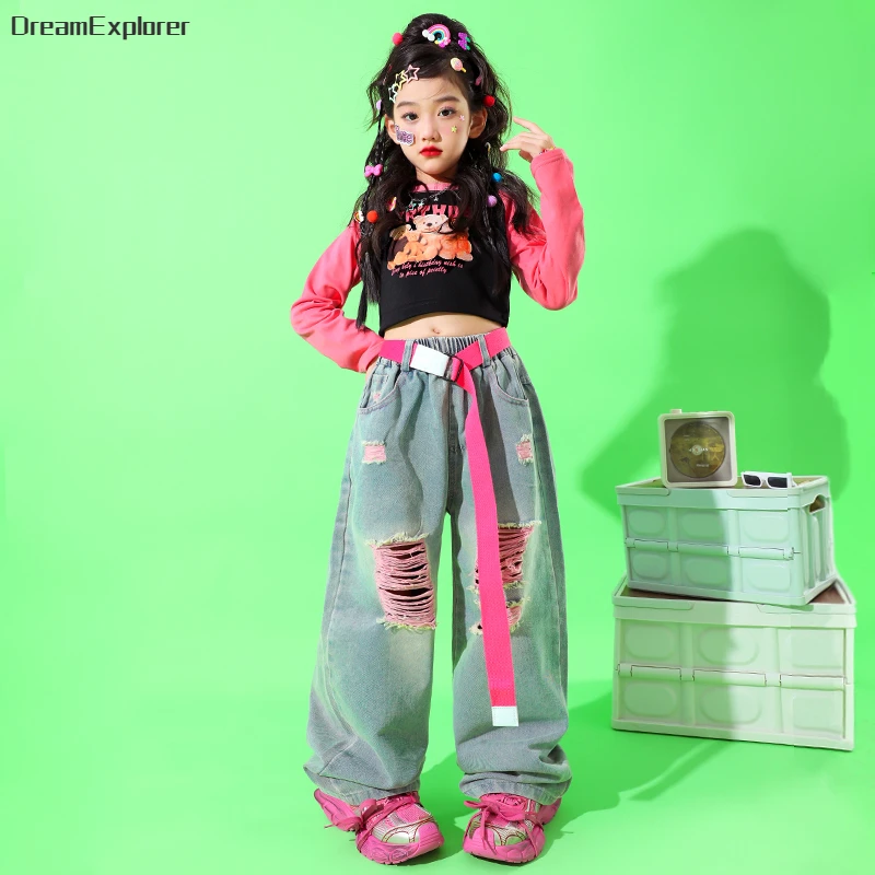 Girls Hip Hop Crop Top Street Dance Sweet Jeans Lovely Outfit Child Cool Plaid Skirts Clothes Sets Kids Streetwear Jazz Costumes