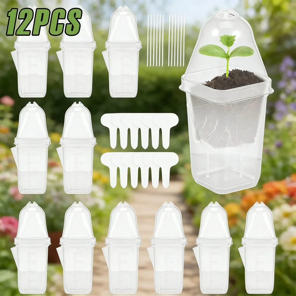 12Pcs Self Watering Flower Pot 7 inch Plastic Clear Plant Nursery Pots with Humidity Dome Small Gardening Pot Garden Accessories
