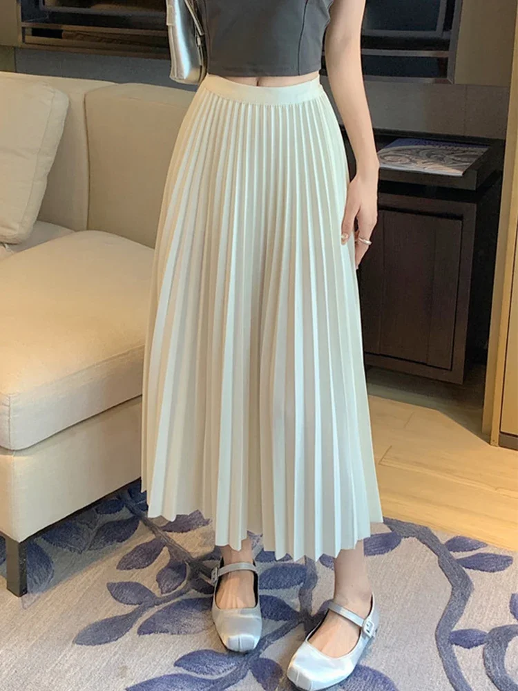 

Basic Pleated Midi Long Skirt for Women 2024 New Korean Simple Solid All-match A Line High Waist Mid-length Skirt Female Z551