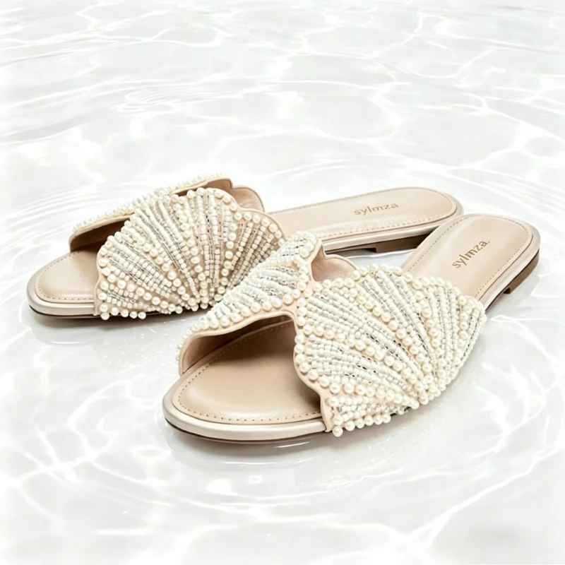 Elegant Faux Pearl Detail Flat Sandals for Women Fashion Shiny Appliques Flat Slide Sandals Comfortable Round-toe Designer Shoes