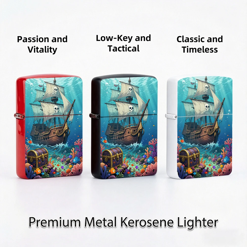 Flip Top Lighter Underwater Pirate Ship Treasure Chest Ocean Art Pattern lighters vintage lighters for smokers Collectible Gift
