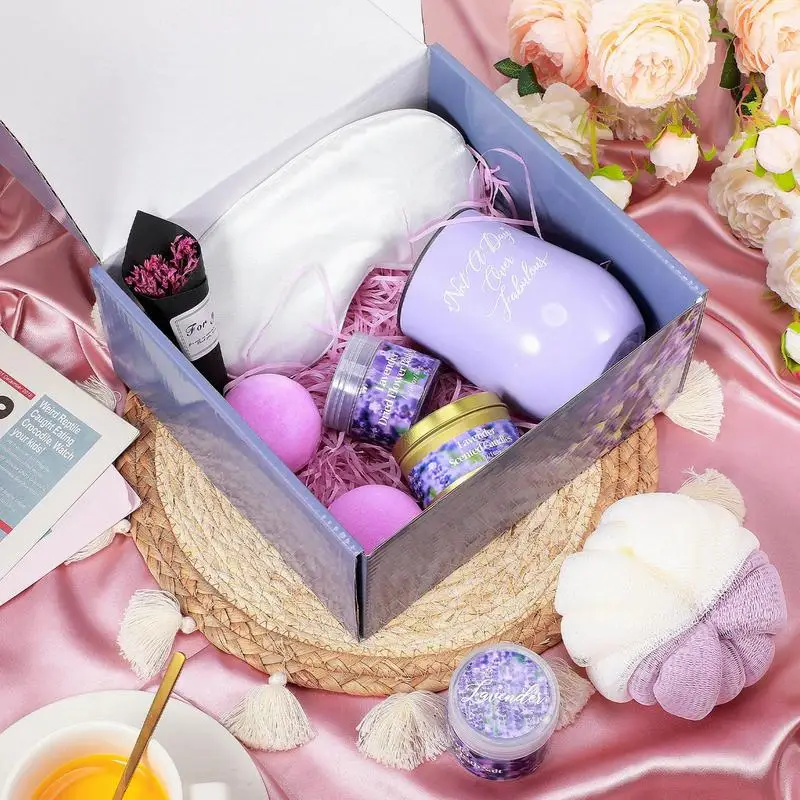 Lavender Bath Gift Set Bathing Bubble Ball Bath Bombs Ball Flower Scents Bubble Bath Salt Ball Cleaner Eye Masque Thermal Cup