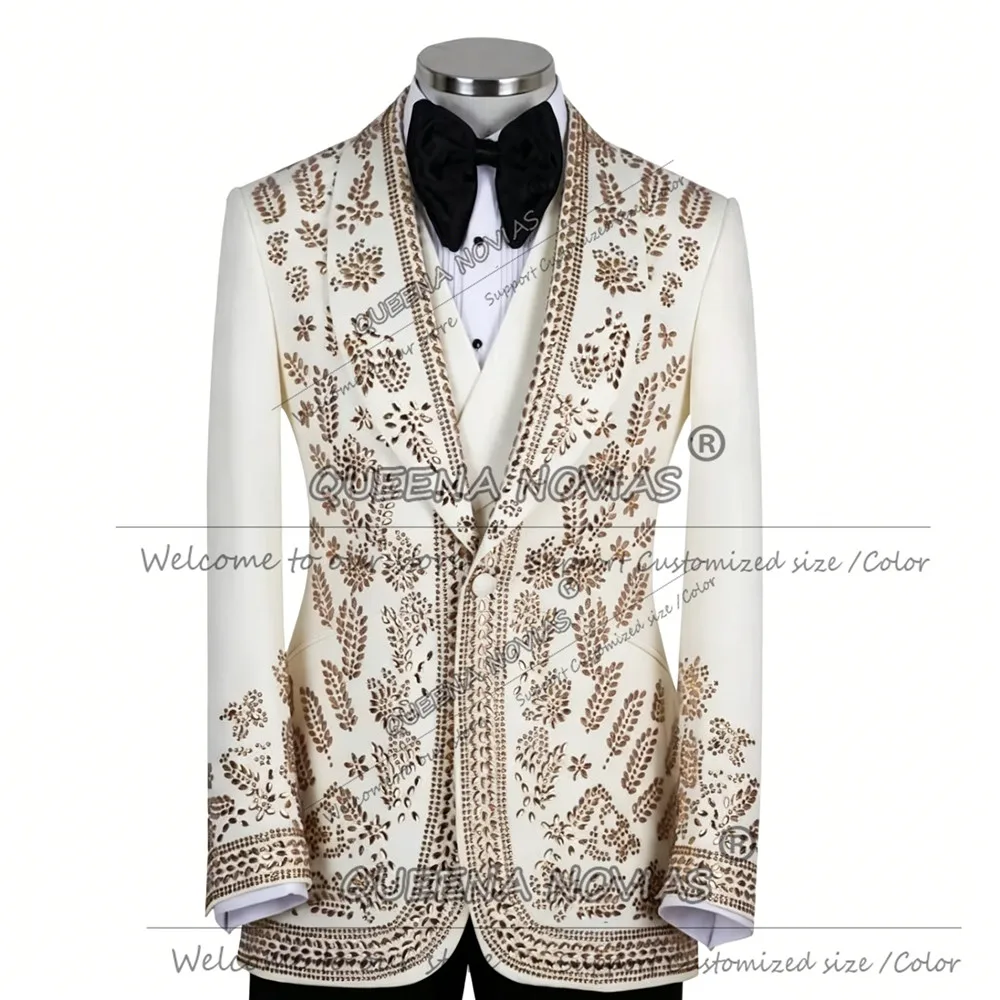 Rhinestone Beaded Suit Men For Wedding Single Breasted Prom Blazer Customized 3 Piece Sets Groom Tuxedos Slim Fit Man Outfits
