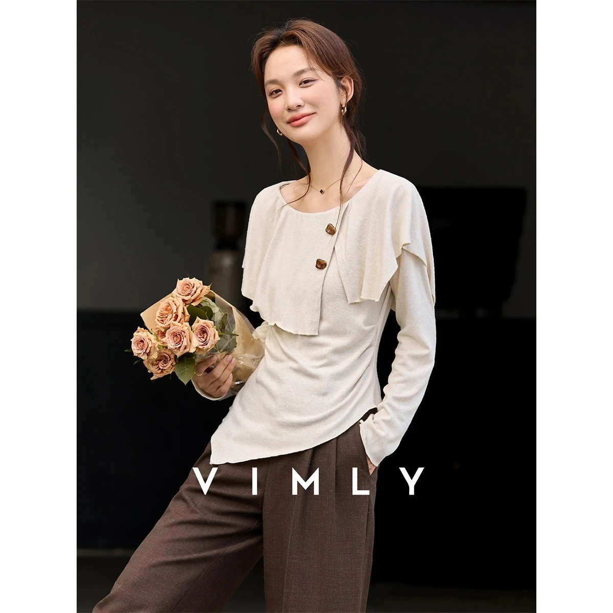 

VIMLY женский вязаный свитер, пуловер, осень 2022, во французском стиле, ретро, с круглым вырезом, с рюшами и лацканами, асимметричный подол, футболки, повседневный топ 30333