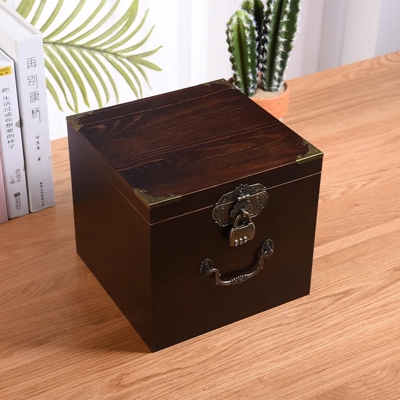 Solid Wood Locking Wooden Box Vintage Rectangular Finishing Storage Box Storage Box File Certificate Storage Organizer Wooden