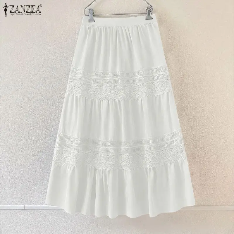 ZANZEA Oversized Long Skirts Women High Waist Lace Ruffled Maxi Bottoms Summer Patchwork Elastic Waist Casual Jupes Faldas Saia