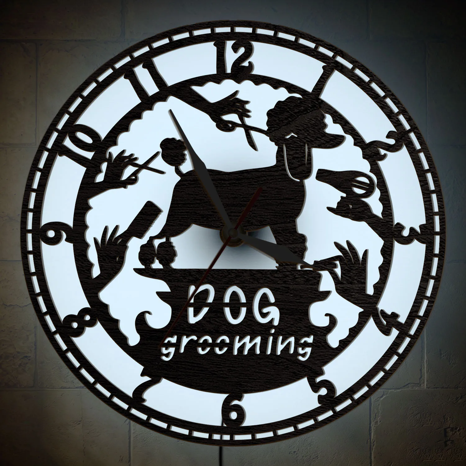 Poodle Dog Grooming Wooden Wall Clock for Pet Salon Shop Canine Stylist Luminous Sign Wooden Night Light Wall Clock Glow in Dark