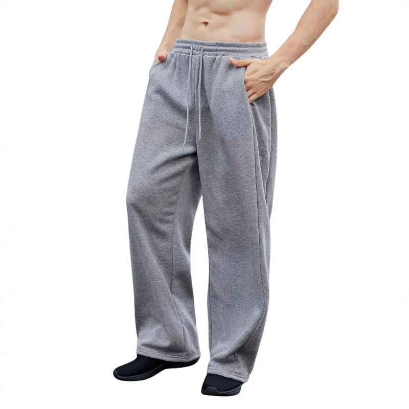 Calça de moletom masculina de cor sólida 2025 com cordão perna reta perna larga solta ajuste com bolso calças esportivas multifuncionais