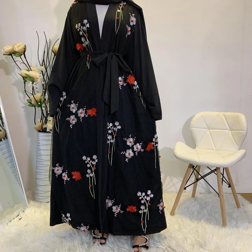 Mulheres muçulmanas 3d flor bordado abaya aberto quimono árabe robe vestido longo islâmico kaftan robe festa noite elegante vestido outono