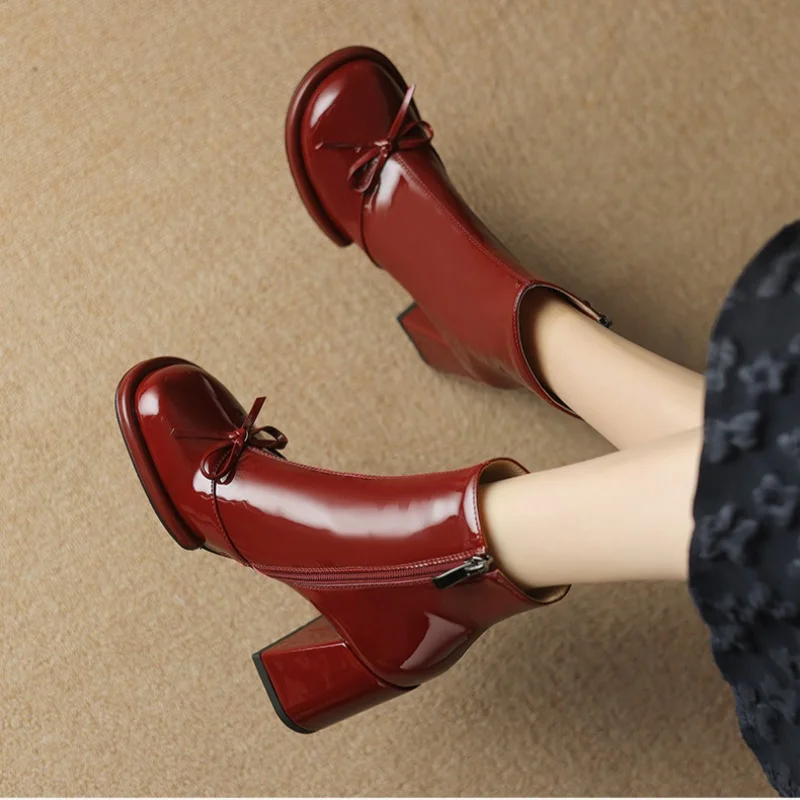 

Spring and Autumn New Style Bow Round Toe Square Heel Zipper Short Boots Elegant Sexy Temperament Casual Fashion Women's Boots