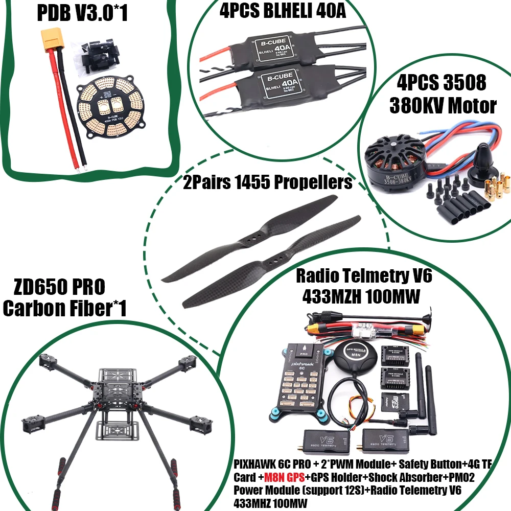 HanNiu ZD650 PRO 650mm Ardupilot Pixhawk Carbon fiber Quadcopter Frame FPV Quad met Carbon Fiber Landing Skid Motor ESC 40A